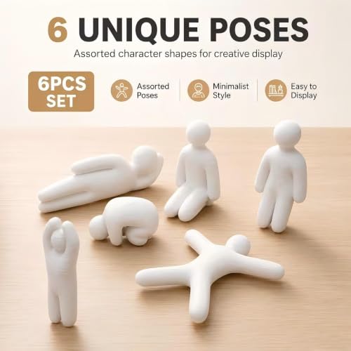 6PCS White Minimalist Decorative Figurine Set, 3D Printed Desktop Accent Decor for Office, Shelf, Monitor & Small Space Display Mini Human Statues White Abstract Little People Ornaments