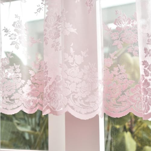 Kotile Pink Lace Valance for Windows Rustic Floral W52xL18 Inch 1 Panel - color: Pink