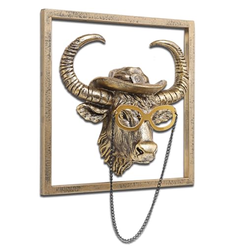 JJALIGHTS Exquisite Resin Animal Head Wall Sculpture (Gift Metal Frame) - Imitation Copper Vintage Decor for Living Room, Bedroom & Office | Decorative Wall Hanging Art (Bison) - color: Bronze Bison