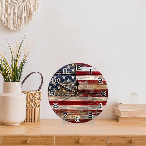 Old Wooden American Flag Wall Clock Battery Operated 10 in Round Wall Clocks Slilent Non Ticking Quartz Analog Clock for Bedroom Kids Living Room Classroom Decor - color: Old Wooden American Flag