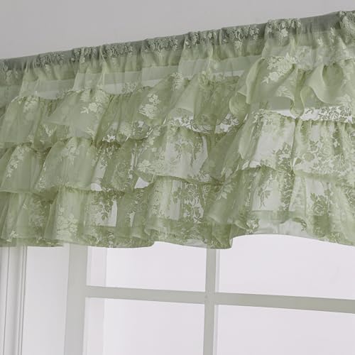 Kotile Sage Green Ruffle Lace Valance for Windows W52 x L18 Inch, 1 Panel - color: Sage Green - Ruffle Lace