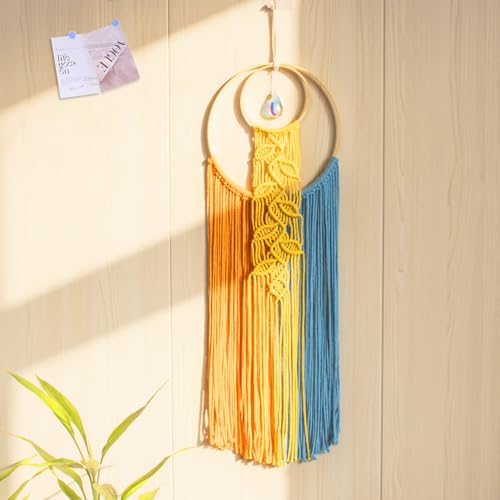 MEUNEAR Macrame Wall Hanging Colorful Dream Catchers Boho Orange Blue Macrame Wall Decor with Crystal Dream Catcher for Girls Woven Tapestry for Bedroom Living Room Office Home Decor, 30L X 10W inches - color: Orange Blue