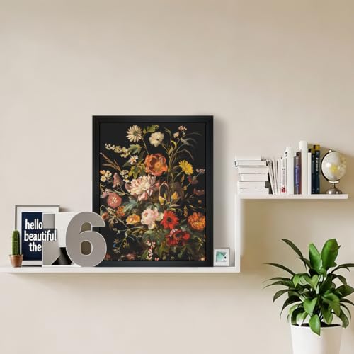 Framed Canvas Wall Art Vintage Floral Painting Botanical Print Poster Dark Background Flower Picture Gallery Wrapped Artwork Wall Decor 8x10 Inch Ready to Hang - color: Black flowers