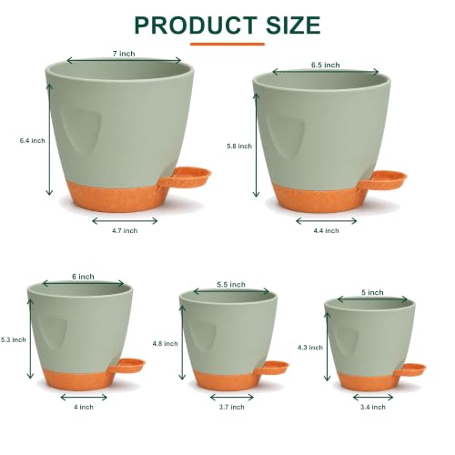 Self Watering Planter Pots for Plants, 5-Pack 7/6.5/6/5.5/5 in - color: Green