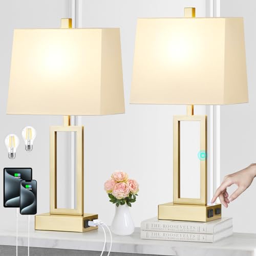 Lolikit 23.5" Touch Control Table Lamps, Metal Bedside Lamp for Bedroom Set of 2 with USB A+C Ports & AC Outlet, 3-Way Dimmable Nightstand Lamp for Living Room (LED Bulb Included) - color: Gold - 23.5"H