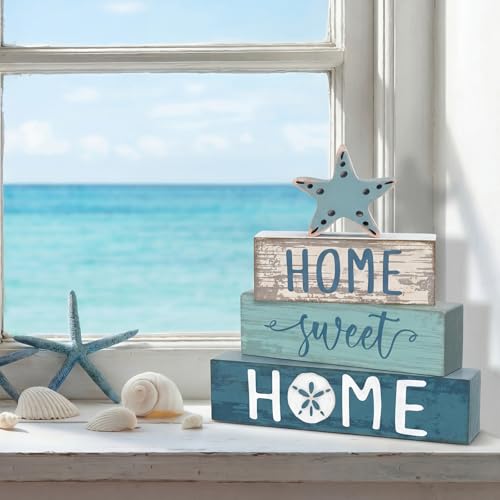 Cinnvoice 4 Pcs Beach Summer Starfish Wooden Block Coastal Tiered Tray - style: Starfish