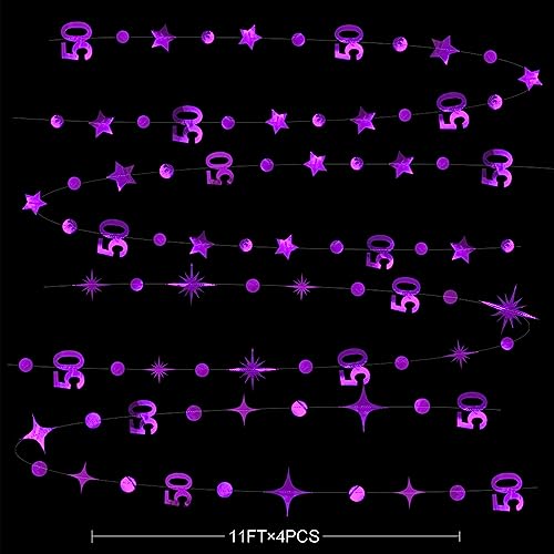 Purple 50th Birthday Decorations Number 50 Circle Dot Twinkle Star Garland Metallic Hanging Streamer Bunting Banner Backdrop for 50 Years Old Birthday Happy 50th Anniversary Fiftieth Party Supplies - color: Purple