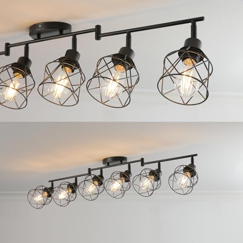Dimmable Plug in Ceiling Light,Plug in Track Lighting,6 Light Black Industrial Farmhouse Ceiling Light with 16.5' Cord,Adjustable Rotatable Cage Lamp Heads,E26 Base(Bulbs Not Included) - color: 6 Light Black