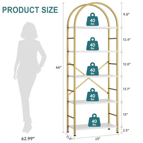 Shintenchi Bookshelf, Arched Bookshelf 5 Tier Bookcase Shelf for CDs/Books, Home Office Bookcase Shelf Storage Organizer, Modern Book Shelf for Bedroom/Living Room, Gold - color: Gold, size: 5 Tier