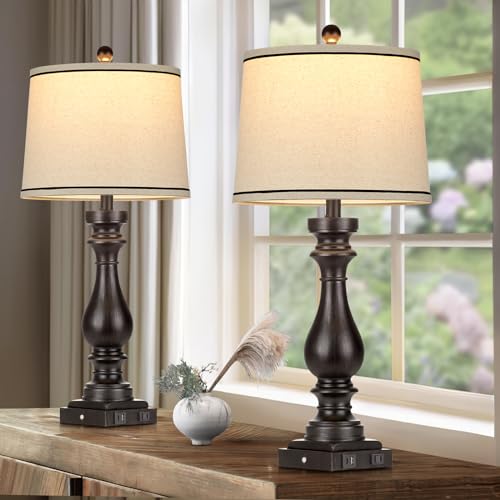 Cinkeda 29" Tall Table Lamp for Living Room Set of 2,Farmhouse Vintage Bedside Nightstand Lamps with USB C+A Ports & AC Outlet,3-Way Dimmable Touch Control Retro Black Lamp for Bedroom,Color 5 - color: Black