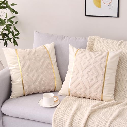 Decorative Pillow Cover 18 x 18 Inch Set of 2 Soft Plush Short Faux Wool Velvet Patchwork with Gold Leather Luxury Modern Cushion Cases for Couch Living Room Bedroom - color: Beige, size: 18" x 18" (Pack of 2)
