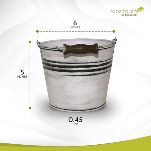 Headwind Vintage Collection - 6 Inch Rustic White Banded Planter with Handles – Small Galvanized Buckets & Metal Flower Pots, Decorative Bucket Planter with Drainage Hole for Indoor Plants & Outdoor G - color: Rustic White, size: 6"