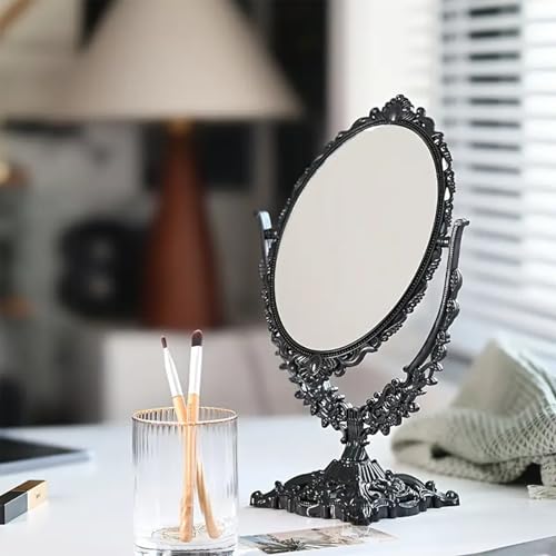 Vintage Black Tabletop Makeup Mirror, Ornate Antique Oval Swivel Vanity Mirror with Floral Carved Frame, Freestanding Decorative Dresser Mirror for Bedroom Bathroom Decor
