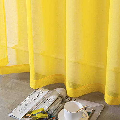 DUALIFE Bright Yellow Sheer Curtains 52 x 63 Inch Length for Living Room and Bedroom Window Voile Drapes Rod Pocket 2 Panels - color: Yellow, size: 52"W x 63"L (Pack of 2)