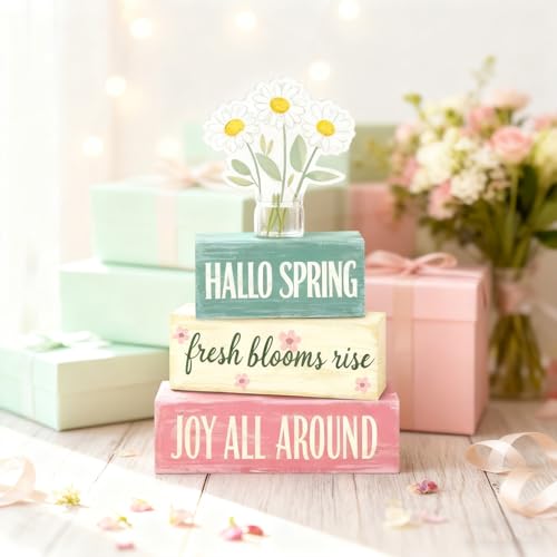 Spring Decoration Wooden Tiered Tray Decor – Rustic Hallo Spring Stacked Block Sign with Daisy Flower Topper – Farmhouse Tabletop Spring Decor for Living Room Shelf Kitchen Coffee Bar Seasonal Home Display - style: Hallo Spring