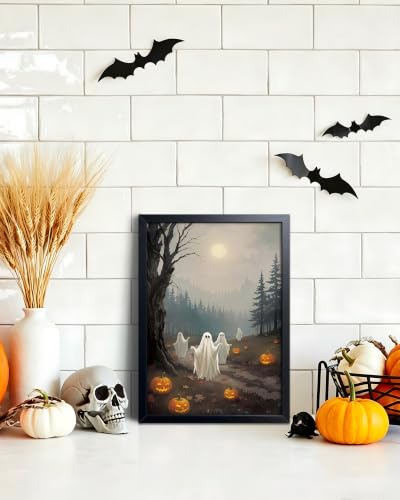 REZFGU Vintage Halloween Ghost Canvas Wall Art, Spooky Forest Pumpkin Ghosts Framed Poster Painting Print Picture, Cute Horror Halloween Wall Decor for Living Room Bedroom Home Decor 12x16 Inch - color: A-Ghost, size: 16"L x 12"W