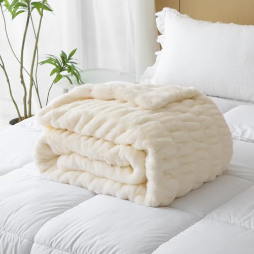 MERRYLIFE Ruched Luxury Faux Fur Throw Blanket for Couch Bed Beige, 60" 80" - color: Doubleruchedbeige, size: 60"*80"