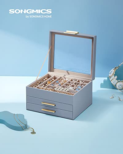 SONGMICS Jewelry Box Organizer, 3-Layer Storage with 2 Drawers, Glass Lid - color: Smoky Blue + Gold, size: 3 Layer (8"d X 9.1"w)
