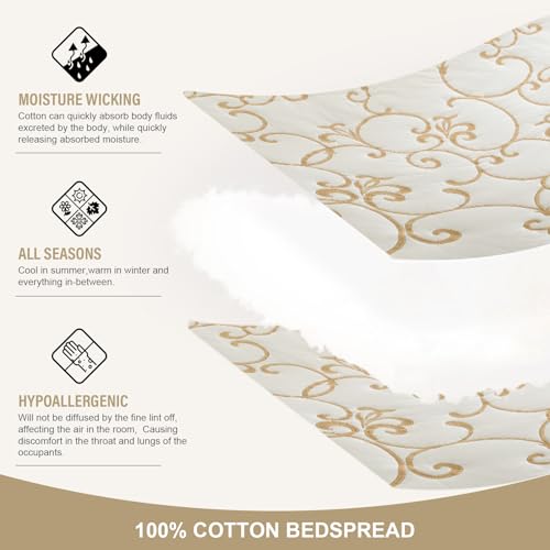 100% Cotton Oversized Bedspread Quilt Coverlet Set, 128"x120" Extra Large Cal King Bedspreads with Pillow Shams, Lightweight Embroidered Bedding Cover 3 Piece, Beige/White - color: Beige/White, size: Extra Wide Super King(128"x120")