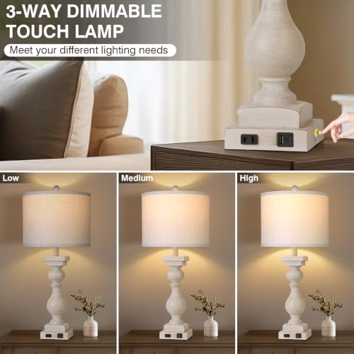 28" Tall Farmhouse Table Lamps Set of 2 with USB A+C Ports and AC Outlet, 3 Way Touch Rustic Bedside Lamps for Living Room, Beige Vintage Lamps for Bedroom - color: Beige