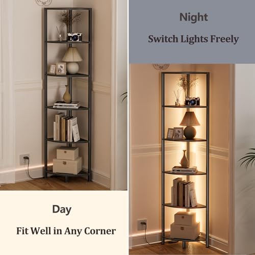 Furnulem 6 Tier Corner Shelf with LED Light, 67.5" Black Narrow Bookshelf - color: Black Oak