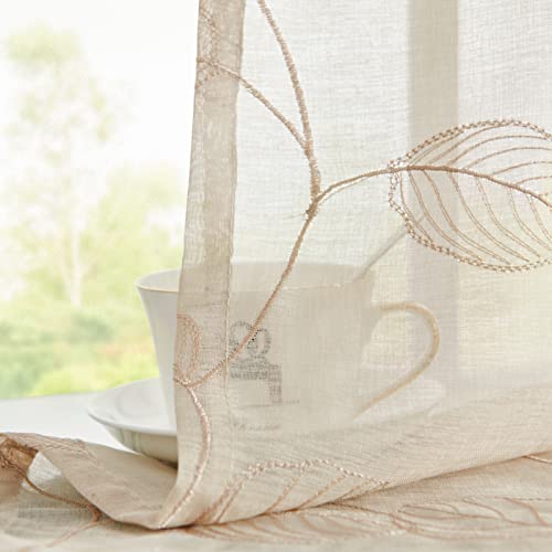 Topick Beige Sheer Leaf Curtain Kitchen Valance for Windows Leaf Embroidered Voile Small Curtain Valance Semi Sheer Farmhouse Curtain 16 Inch Rod Pocket 1 Panel Beige - color: Beige, size: 55"W x 16"L (Pack of 1)