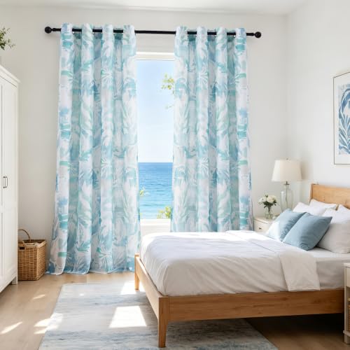 Aqua Blue and White Semi Sheer Linen Curtains 55x84" Boho Floral Print 2pcs - color: Gromme Top- Semi Sheer- Aqua Blue, size: 55"W x 84"L (Pack of 2)