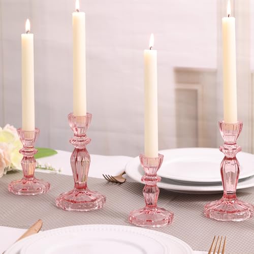 Pink Candlestick Holders Set of 6, Glass Taper Candle Holders - color: Pink