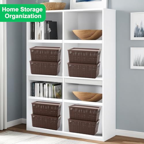 6 Pack Plastic Storage Baskets with Lid,Brown Stackable Bins - color: Brown