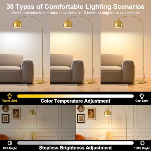 Gold Brushed Brass Arc Floor Lamps with 12W LED Remote Dimming - color: Gold Remote Dimming