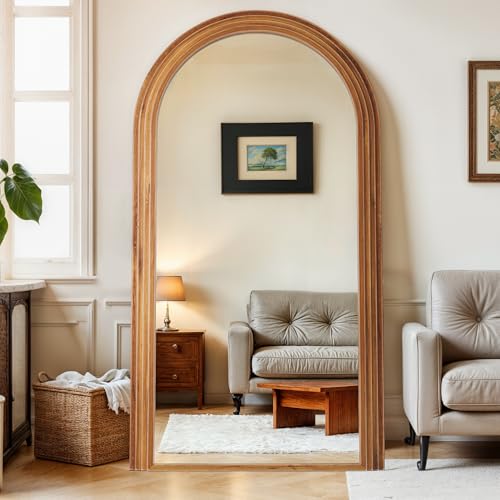 Antok Full Length Mirror 82"×44" Floor Mirror Standing Tall Mirror, Arched Stand up Large Wall Mirrors, Freestanding Full Body Mirrors for Bedroom Living Room Wood Vintage Style Brown - color: Brown, size: 82"L x 44"W, style: Wood Vintage Style