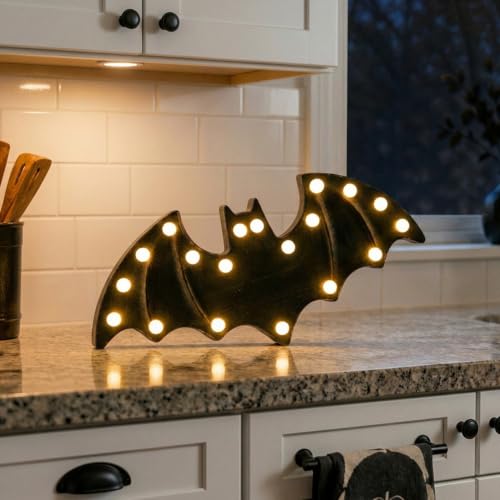 Halloween Decorations-Wooden Light Up Bat | Halloween Decor for Tabletop Fireplace Mantel Porch Kitchen Home Wall Party Decorations - color: Black