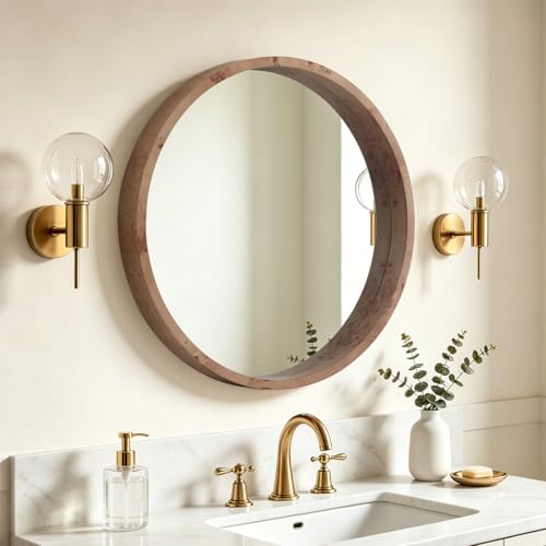 WallBeyond 24 Inch Round Wood Mirror, Burlwood Grain Wood Frame Circle Mirror, Versatile Wall Decor for Bathroom Vanity, Living Room, Bedroom and Entryway, Natural - color: Natural 1, size: 24"L x 24"W