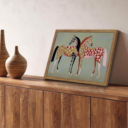 Framed Vintage Horse Canvas Wall Art, Abstract Two Patterned Horses Print, Geometric Equestrian Animal Artwork, Modern Western Folk Style Wall Decor for Living Room Bedroom Office 12x16in - color: Abstract Horses, size: 16"L x 12"W