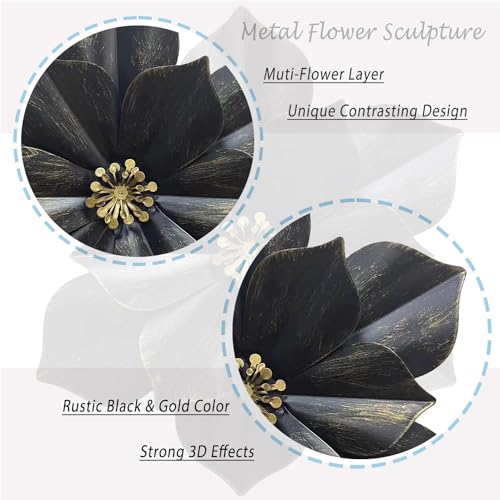 Metal Flower Wall Sculpture,12.5" Black Grey Rustic Modern Floral Artwork - color: 01C-Black