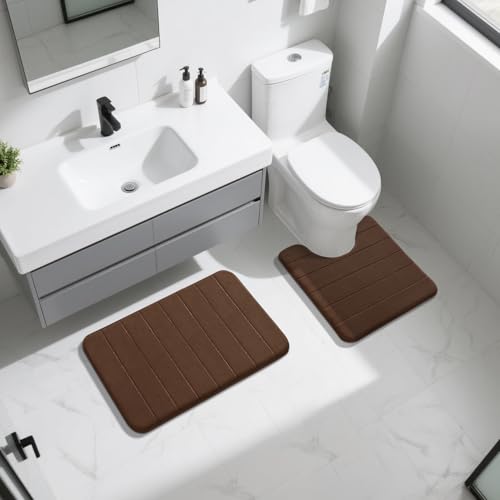 Yimobra Memory Foam Bathroom Mat Set, 31.5 x 20 & 24 x 20 in, Brown - color: Brown, size: 31.5x20+24x20 Inch