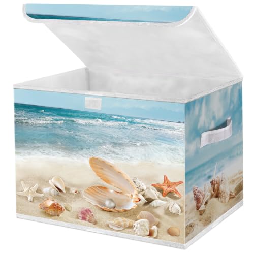 Briwooody Beach Storage Bin with Lid Handle Coastal Foldable Storage Box - style: Beach