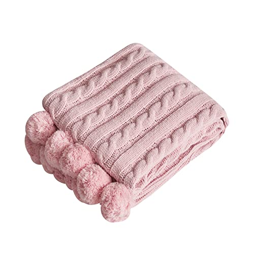 Chenille Chunky Knitted Throw Blanket with 14 pcs Pom Poms Tassel Super Soft Cozy Warm Blanket for Sofa Bed Soft Couch 50 x60 inches (Pink)?-¡ - color: Pom-pom-pink, size: Throw 50"X60"