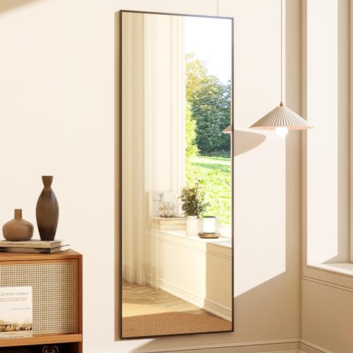 GLSLAND 58"x18" Full Length Mirror Full Body Mirror Freestanding Hanging or Leaning Rectangle Floor Mirror Aluminum Alloy for Bedroom Bathroom Living Room,Black - color: Black, size: 58"L x 18"W