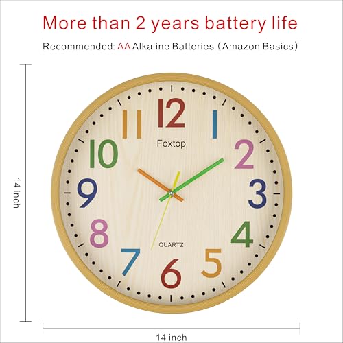Foxtop 14 Inch Kids Wall Clock Silent Non-Ticking Battery Operated Colorful Childrens Wall Clock for Classroom Playroom Nursery Bedrooms Kids Room School - color: Multicolor-14"