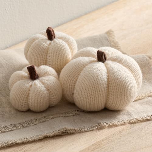 Cozy MINI Knit Set of 3 Ivory Pumpkins (Snowdrop Multi-Size Set) - color: Snowdrop Multi-sized