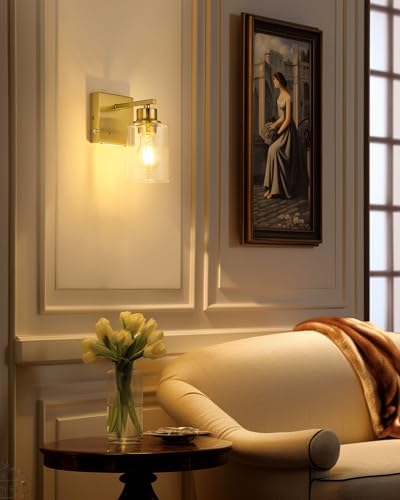 Rayogale Wireless Battery Operated Wall Sconce Set of 2 with Remote Control | Gold Dimmable Rechargeable Wall Lights with Timer, Easy Install Glass Lamp for Living Room Bedroom, Emergency 3000K - color: Gold(Clear Lampshades)