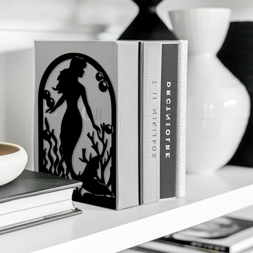 Peacoblue 5.3"x4.3"x7.9" Metal Bookends, Heavy Duty Book Ends for Shelves - style: Mermaid