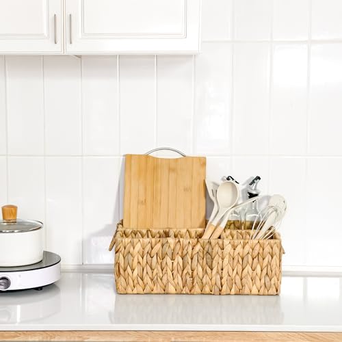 KOKODO Divided Storage Basket Woven Natural Basket Hyacinth for Organizing Bathroom Pantry Shelves Office Supplies Organization Everyday Wicker Storage Baskets 4 Section Rectangular Tray - size: 15.5x10.5x5.5