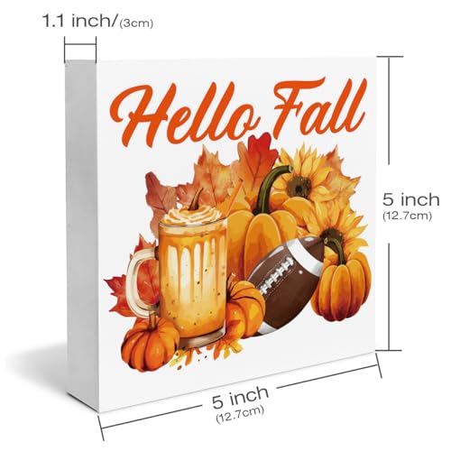 Hello Fall Decor Fall House Wooden Box Sign Maple Leaf Football Pumpkin Decorations Rustic Home Desk Shelf Tabletop Decor 5 x 5 Inches - color: Multicolor Fall