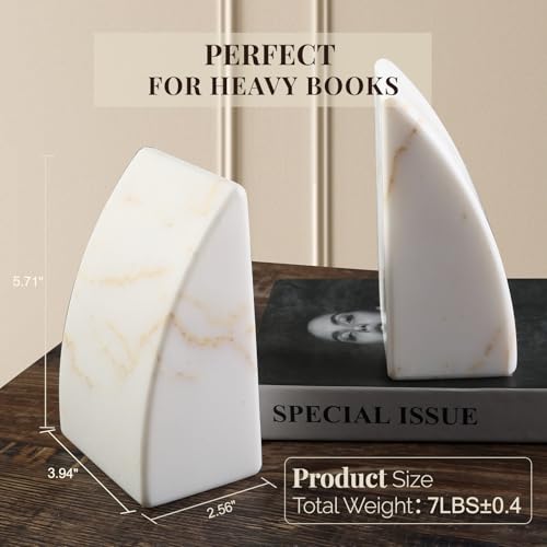 Koville Marble Bookends for Shelves, Large Bookends for Heavy Books, Natural Stone Book Stopper for Books CD Movies, Aesthetic Decorative Book Ends (Golden Calacatta) - color: Sail-golden Calacatta