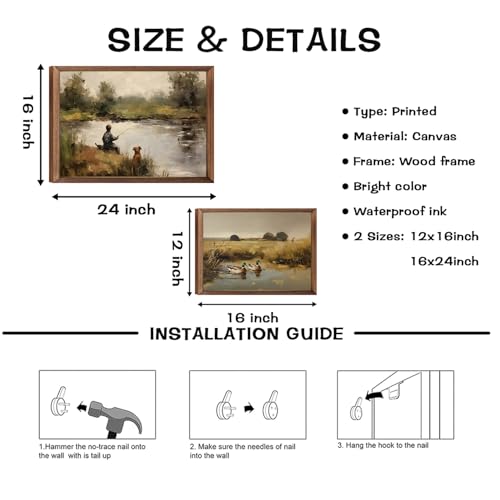 Vintage Wall Art Set of 2, Rustic Boy Fishing Mallard Duck Canvas Wall Decor, Wildlife Nature Pond Prints for Living Room Bedroom Office Rustic Home Decor 24x16in Wood Framed - color: Yellow Mandarin Ducks, size: 24"L x 16"W