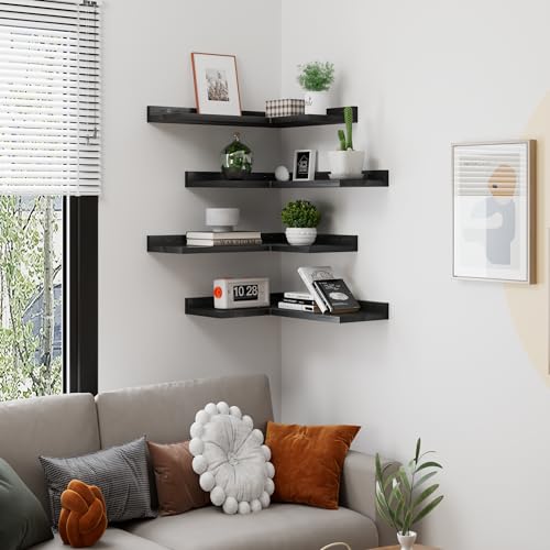 4-Tier Corner Floating Shelves, Rustic Pine Corner Shelves Wall Mounted, L-Shaped Floating Corner Shelves for Wall Storage, Creative Corner Wall Shelves for Bedroom,Bathroom&Any Room-Black - color: (2) Black Corner Shelves