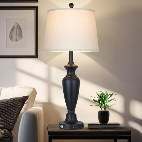Black Table Lamp for Living Room Single, 30″ Tall Touch Control Bedside Lamp for Bedroom, 3-Way Dimmable Nightstand Lamp with USB A+C Ports and AC Outlet (1 Pack) - color: Black - 30"H - 1 Pack