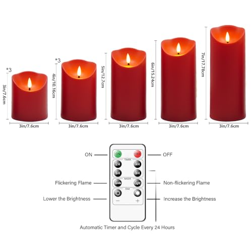 Nimiko Flameless Candles with Remote, Battery Operated Flickering Flameless Candles, LED Candles with Timer 2/4/6/8H, with Realistic LED Candles Set of 9 (D3 x H 3" 4" 5" 6" 7") (Red) - color: Red